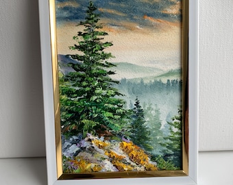 Original Mini Oil Painting, Pine Tree Landscape Painting, Mountain Forest Art, Small Nature Wall Art, 4x6 Inch