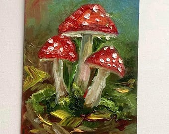 Fly Agaric Mushroom Oil Painting 4x6 • Red Toadstool Art • Miniature Forest Painting • Cottagecore Decor • Original Small Artwork