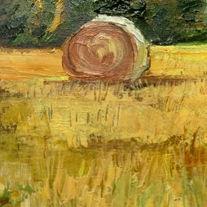 May include: An impressionistic painting of a rural landscape. A large, brown hay bale sits in a field of yellow and green grass. Dark green trees are in the background. The painting uses thick brushstrokes and a warm color palette.