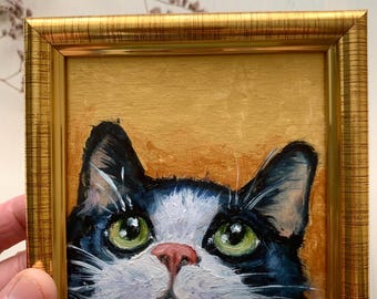 Original Tuxedo Cat Oil Painting 4x4, Framed Black and White Cat Art, Whimsical Pet Portrait Miniature, Small Gold Framed Animal Decor