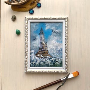 Stormachtige vuurtoren zeegezicht - getextureerde impasto-olieverfschilderij 5 x 7 - kustmuurkunst in lijst - oceaanschilderij cadeau