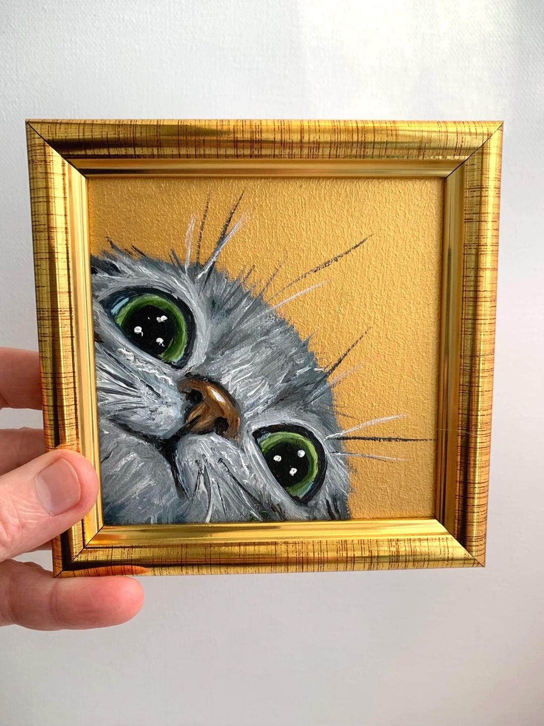 Mini Cat Painting 4x4 Original Oil on Gold Background – Small One of a ...