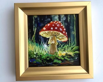 Miniature Oil Painting on Cardboard • Fly Agaric Mushroom Wall Art • Forest Nature Artwork in Gold Frame • 4x4 inches