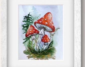 Funghi da parete stampabili 8x10, download digitale botanico della foresta ad acquerello, arredamento Cottagecore