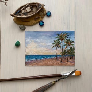 Origineel olieverfschilderij tropische palmbomen 5 x 7" – kleine kustkunst op karton, strandminiatuurmuurdecor, cadeau-idee oceaan