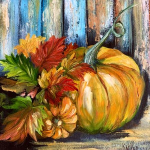 Bodegón con calabaza de otoño, pintura al óleo sobre cartón, decoración del hogar de otoño en colores brillantes, pequeña pintura original, regalo 8*8,2 pulgadas 20*21 cm