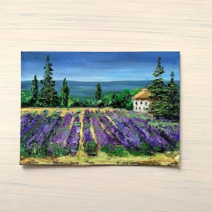 Lavendelfeld original Gemälde Provence Landschaft Lila Blumenfelder Blumenfelder Lavendelfeld kleine Malerei Geschenk 13 * 18 cm