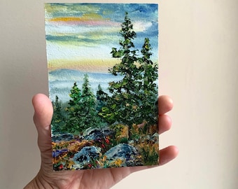 Original Oil Painting Landscape | Mountain Pine Trees Art | Small 4x6 inch Nature Painting on Hardboard | Forest Sunset Wall Decor