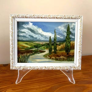 Pintura a óleo rústica de estrada rural 5x7″ – Arte de paisagem original em papelão, decoração de fazenda com ciprestes
