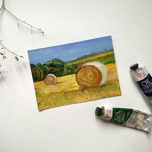 Hay Bales Original Oil Painting Farmhouse Wall Decor Impasto Landscape Small Gold Field Art 5x7 Countryside Gift Miniature Artwork image 2