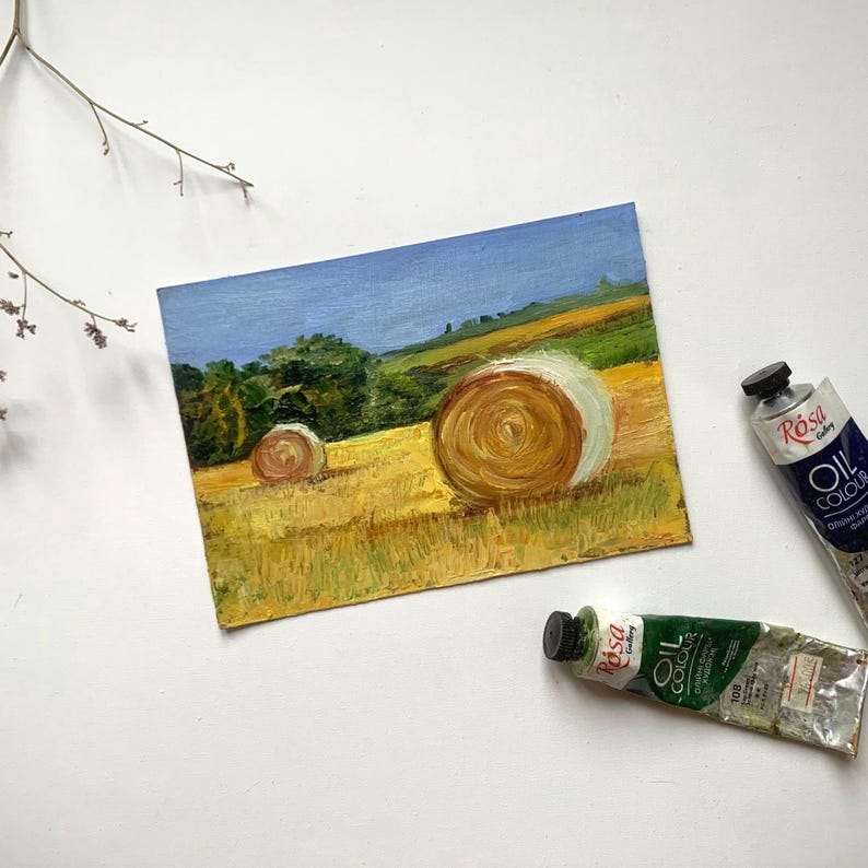 Hay Bales Original Oil Painting Farmhouse Wall Decor Impasto Landscape Small Gold Field Art 5x7 Countryside Gift Miniature Artwork image 2