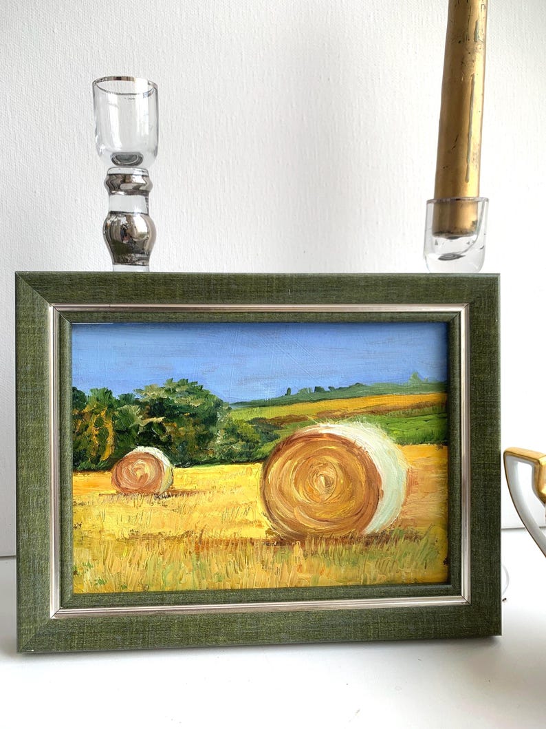 Hay Bales Original Oil Painting Farmhouse Wall Decor Impasto Landscape Small Gold Field Art 5x7 Countryside Gift Miniature Artwork in frame