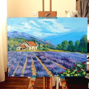 Lavendelfeld Ölgemälde Provence Landschaft Original Kunst Lila Blumenfelder Landschaft auf Leinwand 30&#39;16 Zoll Geschenk Kunstwerk Ukrainische Kunst
