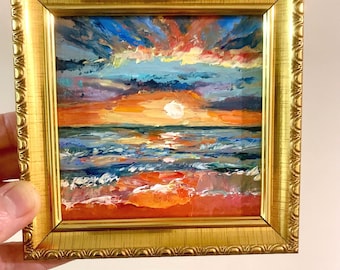 Mini Seascape Oil Painting 4x4 Original – Ocean Sunset Painting, Small Framed Seascape Art, Coastal Wall Decor, Mini Ocean Artwork