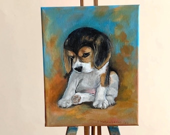 小さな女の子のオリジナル絵画、ビーグル犬のヴィンテージアート、動物