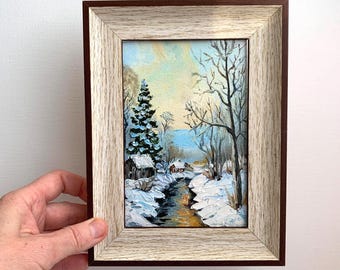 Winter Landscape Oil Painting 4x6” – Snowy River Cottage Scene, Original Framed Art, Rustic Winter Wall Decor
