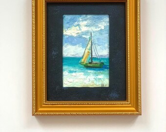 Mini Framed Sailboat Oil Painting – Original Seascape Art 2x3 Inch, Small Coastal Wall Decor, Nautical Ocean Gift
