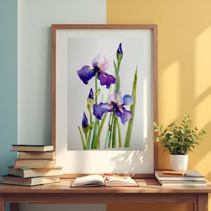 Origineel aquarel schilderij van een iris, paarse iris bloemenkunst, botanische wanddecoratie, originele aquarel op Canson-papier, 8x12 inch