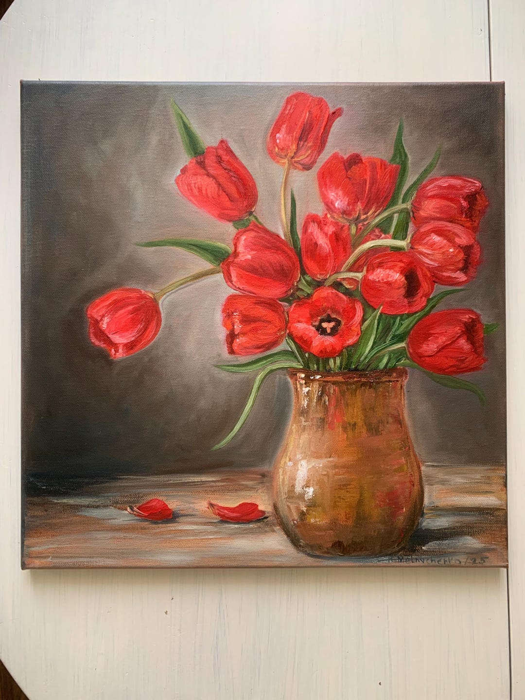 Red Tulips Oil Painting- Floral Still Life on Canvas - Original16*16 ...