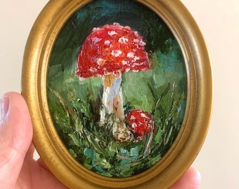 Red Cap Mushroom Painting – 3×4″ Oval Miniature Oil Art in Gold Frame – Toadstool Wall Decor, Cottagecore Gift