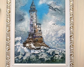 Stormy Lighthouse Seascape Original Oil Painting – Textured Impasto Coastal Wall Art, Ocean Waves Palette Knife Painting, Nautical Gift 5х7