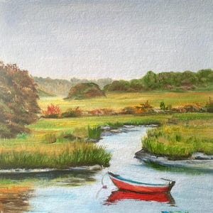 Pintura al óleo original con un río otoñal y un barco rojo. Pequeño paisaje otoñal, arte mural, arte original, pequeña casa otoñal decorada, 8 x 8 pulgadas.