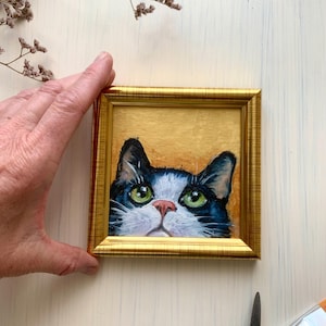 Mini Cat Portrait – 4x4&quot; Original Oil Painting, Black and White Cat, Framed Artwork, Whimsical Cat Art, Small Animal Wall Decor