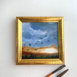 Mini Sunset Oil Painting with Birds – 4x4 Original Art in Gold Frame, Peaceful Wall Decor, Calm Nature Gift