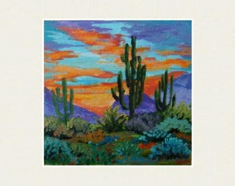 Original Saguaro Cactus Oil Painting – Arizona Desert Sunset Art, 8x8 Small Southwest Landscape, Warm Sunset Wall Decor