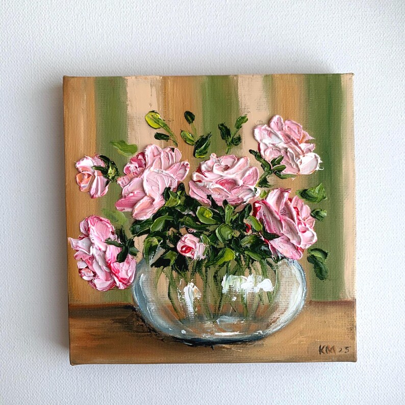 Pink Rose Bouquet Oil Painting 6x6, Original Small Floral Still Life on ...
