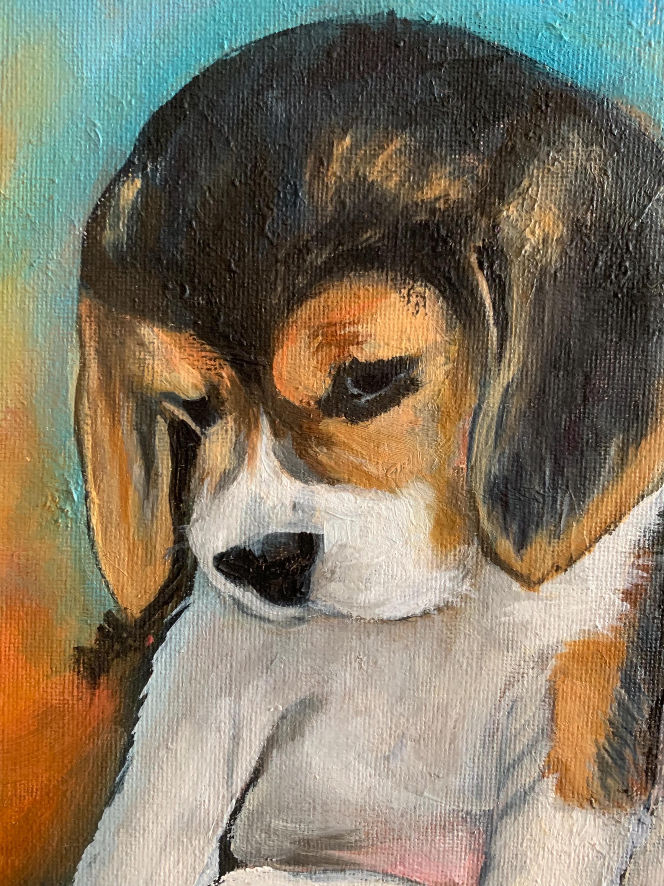 キャンバスに描かれたビーグル犬の子犬の油絵 - かわいい犬のウォール