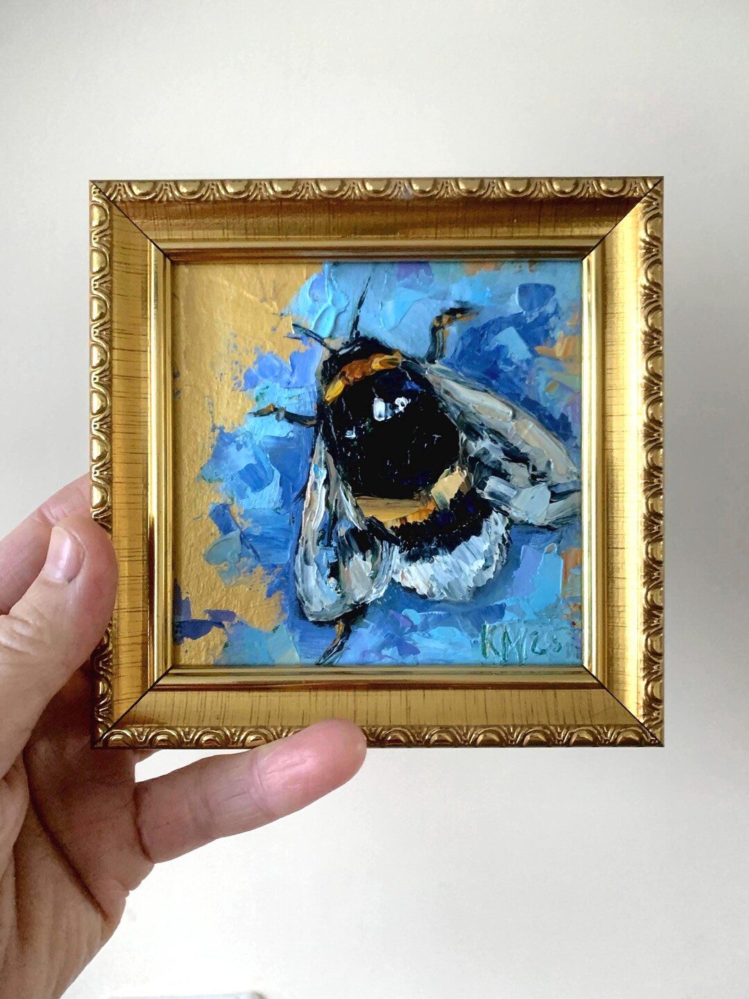 Bumble Bee Original Oil Painting on Gold, Small Honey Bee Wall Art 4x4 ...