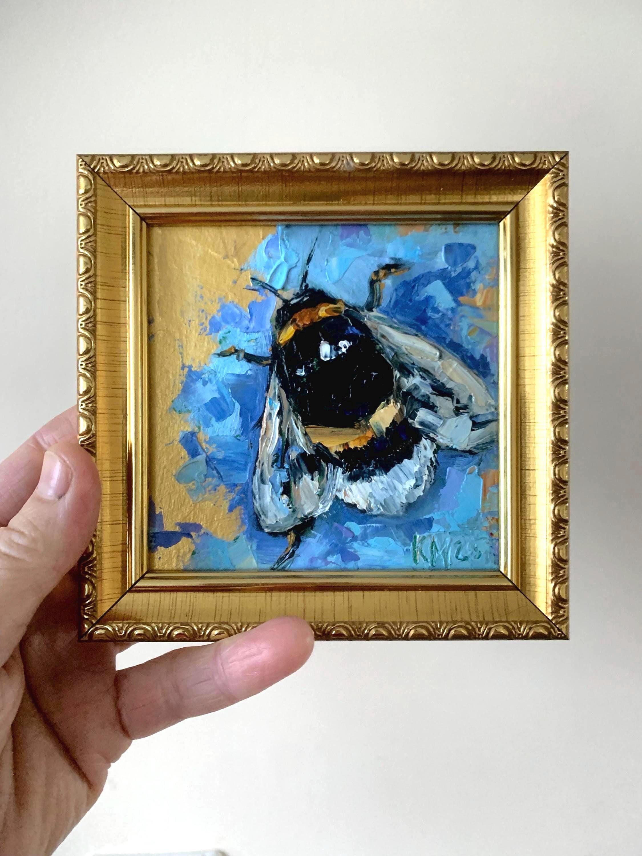 Bumble Bee Original Oil Painting on Gold, Small Honey Bee Wall Art 4x4 ...