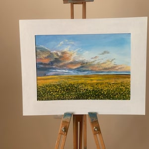 Dipinto di un paesaggio estivo di campi gialli e belle nuvole dipinto a olio originale Paesaggio estivo Campo arte murale 11,6* 8,27 pollici