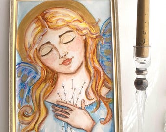 Grillige beschermengel schilderij originele mixed mediakunst ingelijst spirituele volksmuur decor blauwgouden engel artwork