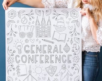 May include: A black and white printable coloring page featuring a variety of religious symbols and illustrations. The page includes a temple, a book, a compass, a wagon, a ship, a lightbulb, a shield with the letters CTR, a sun, a heart, flowers, musical notes, and the words "General Conference".
