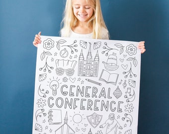 May include: A black and white coloring page featuring a variety of religious symbols, including a temple, a book, a compass, a wagon, and a musical note. The text "GENERAL CONFERENCE" is written in large letters at the bottom of the page.