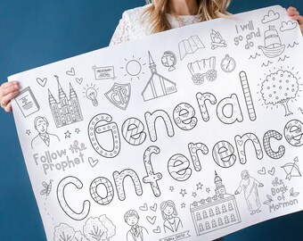 May include: A black and white coloring page featuring the words "General Conference" with various religious symbols and figures. The page includes a temple, a book, a missionary, and a family.