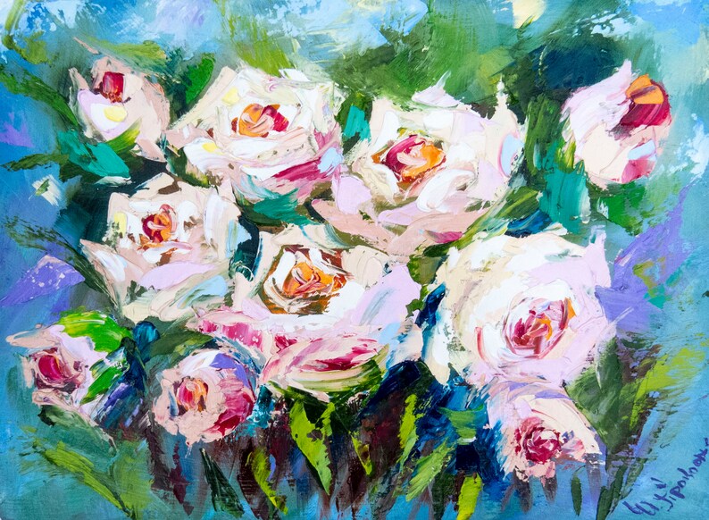 Oil Roses Painting Impasto Red Flowers Original Art in Frame Small Wall ...