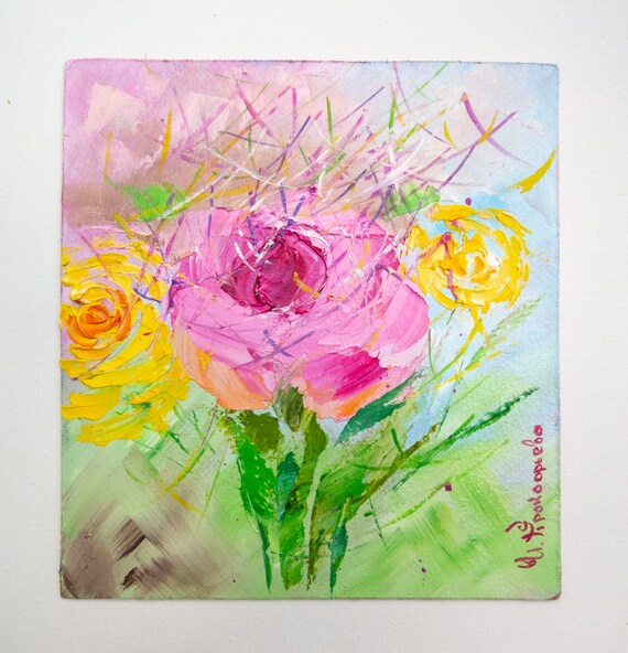 Oil Roses Painting Impasto Red Flowers Original Art in Frame Small Wall ...