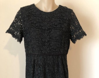 Vintage VTG 1950's 50's Little Black Lace Dress. Kick pleat. Piping at waist. Metal zip at back. Fully lined apart from sleeves.