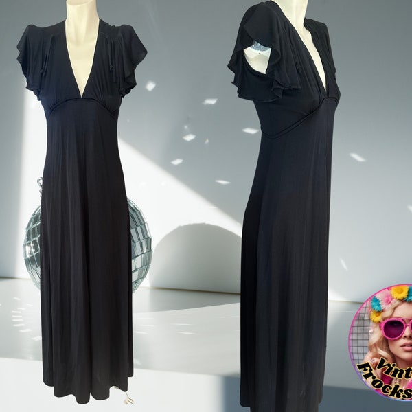 1970's*BRIAN ROCHFORD*Vintage*Maxi Dress*Black*Disco*Slinky*Retro*Flowy*    *Angel Sleeves*V back*Grecian*70's gown*Size 8