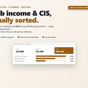 May include: A digital spreadsheet template for tracking job income and CIS expenses. The interface displays text including Electrician, Plumber, Builder, Job income & CIS, finally sorted, and a summary table showing income, expenses, and profit in British pounds.