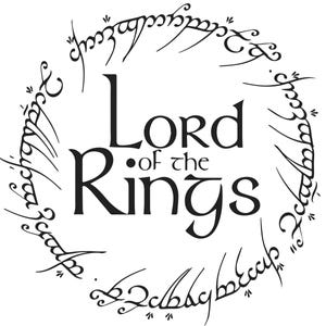 May include: Black and white graphic of the Lord of the Rings logo. The text "Lord of the Rings" is in a bold, stylized font, with a ring of Elvish script encircling it. The design is set against a white background.