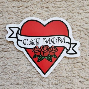 Vinyl Waterproof Sticker Laptop Kitten Animal Water Bottle Tablet Tumbler Stanley Cooler Tattoo Style Heart Cat Mom Decal Cats