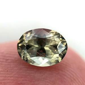 Puede incluir: Una piedra preciosa de forma ovalada facetada de color verde y marrón.