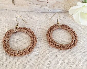 Handmade earrings, Beige crochet earrings, Crystal earrings, Hoop earrings, Elegant jewellery, Gift for her