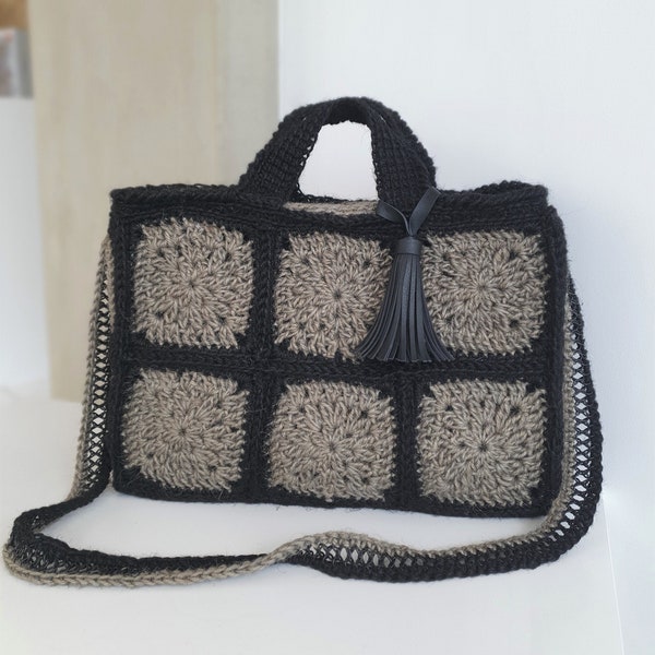 Black-grey bag,Big bag for woman with zipper,Crochet bag, Handbag, Hand knitted bag, Elegant bag, Handwoven bag, Knitted bag,Rare pattern