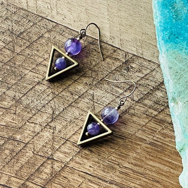 Healing Crystal Earrings, Geometric Earrings, Gold Statement Earrings, Boho Gifts for Her, Crown Chakra Earrings, Amethyst Stone Earrings