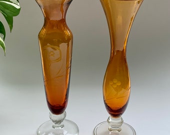 Vintage Etched Amber Glass Bud Vase *Mismatched Set* Decor